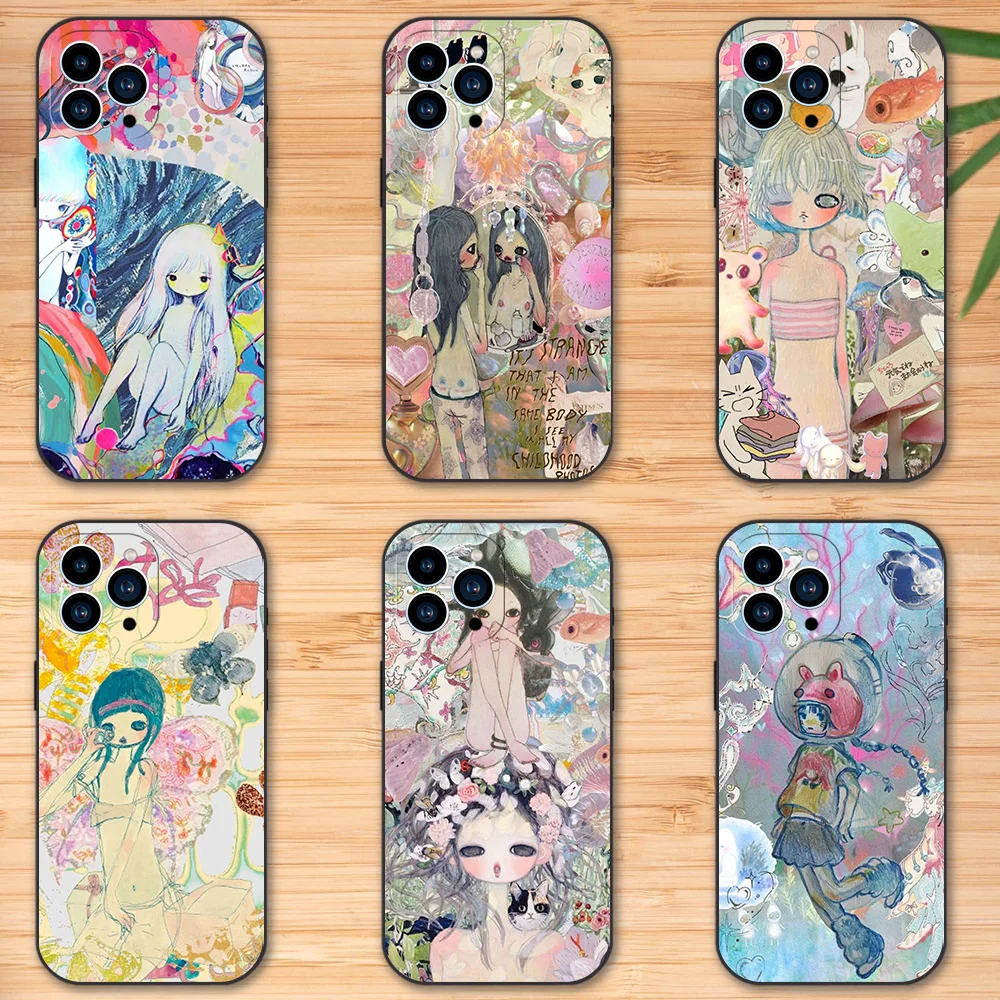 Art Aya Takano Phone Case for iPhone 12 11 13 14 15 16 Max Pro Plus Black Soft Silicone Cover