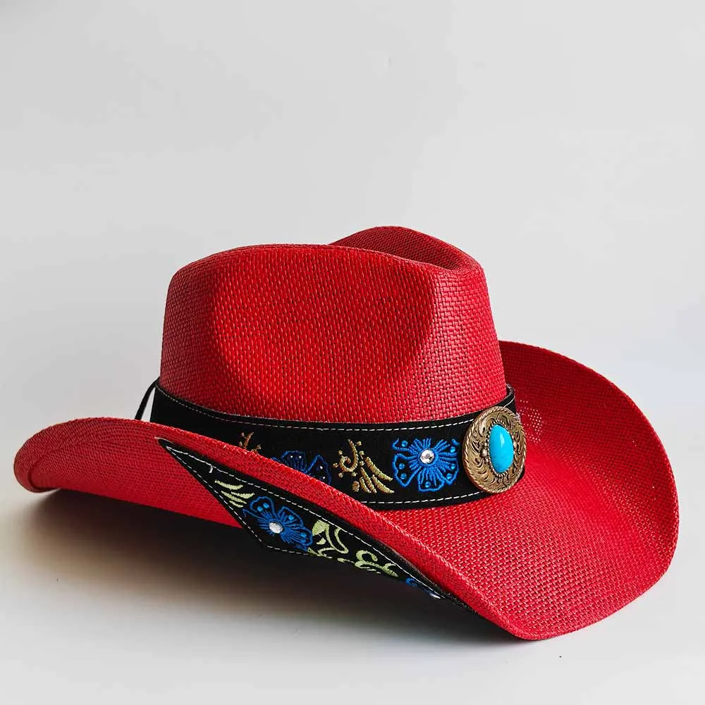 Vintage Red Western Cowboy Hat with Embroidered Underbrim Luxury Turquoise Concho Belt Wide Brim Cowgirl Hat Mexican Party Sombr