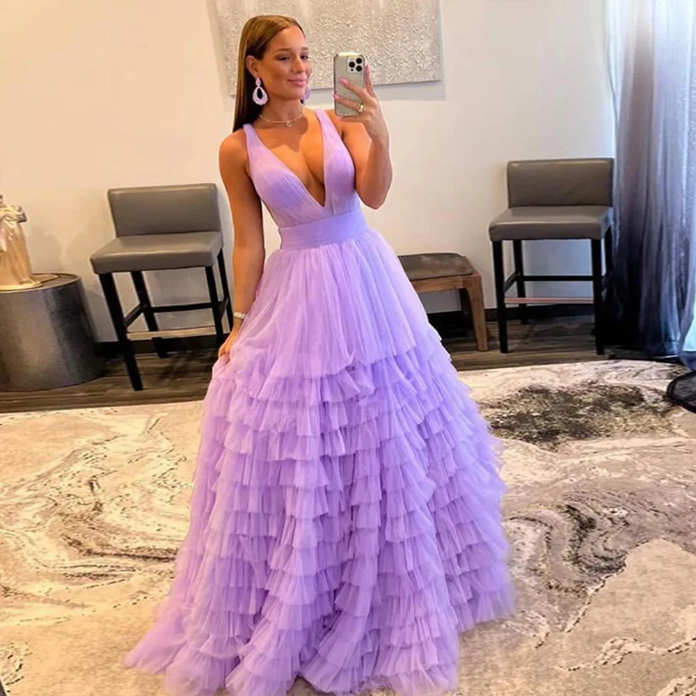 

Sexy V-Neck Evening Dresses For Women Pastrol Sleeveless Zipper Party Dresses Empire Tulle A-Line Sweep Train Robe De Soirée