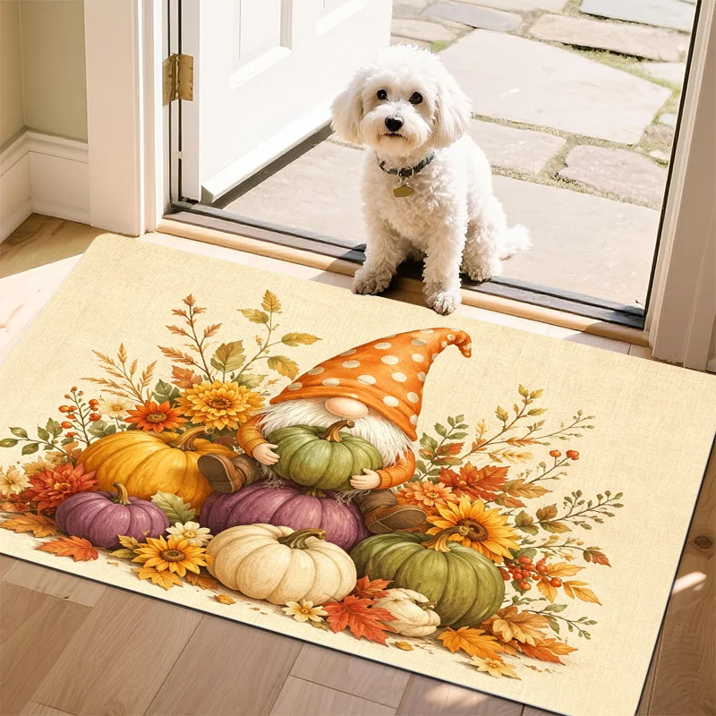 Vintage Pumpkin Leaf Fall Floor Mat Black Base Gold Border Ornate Print Non Slip Indoor Entrance Rug For Rustic Style Home Decor