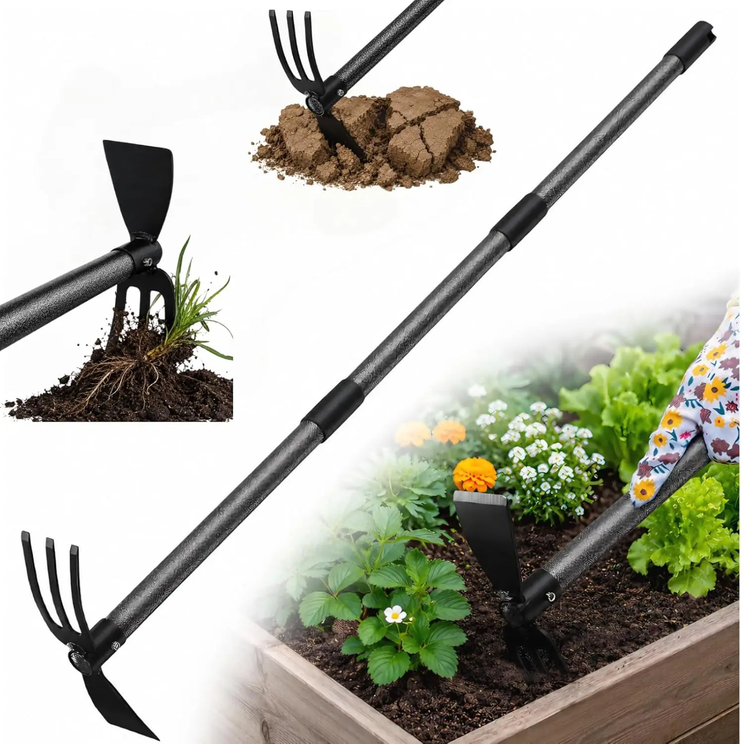

2-in-1 Garden Hoe with 3-Tine Cultivator Rake, Carbon Steel Weeding Tool, 60" Long Handle for Weed Removal & Soil Loosening