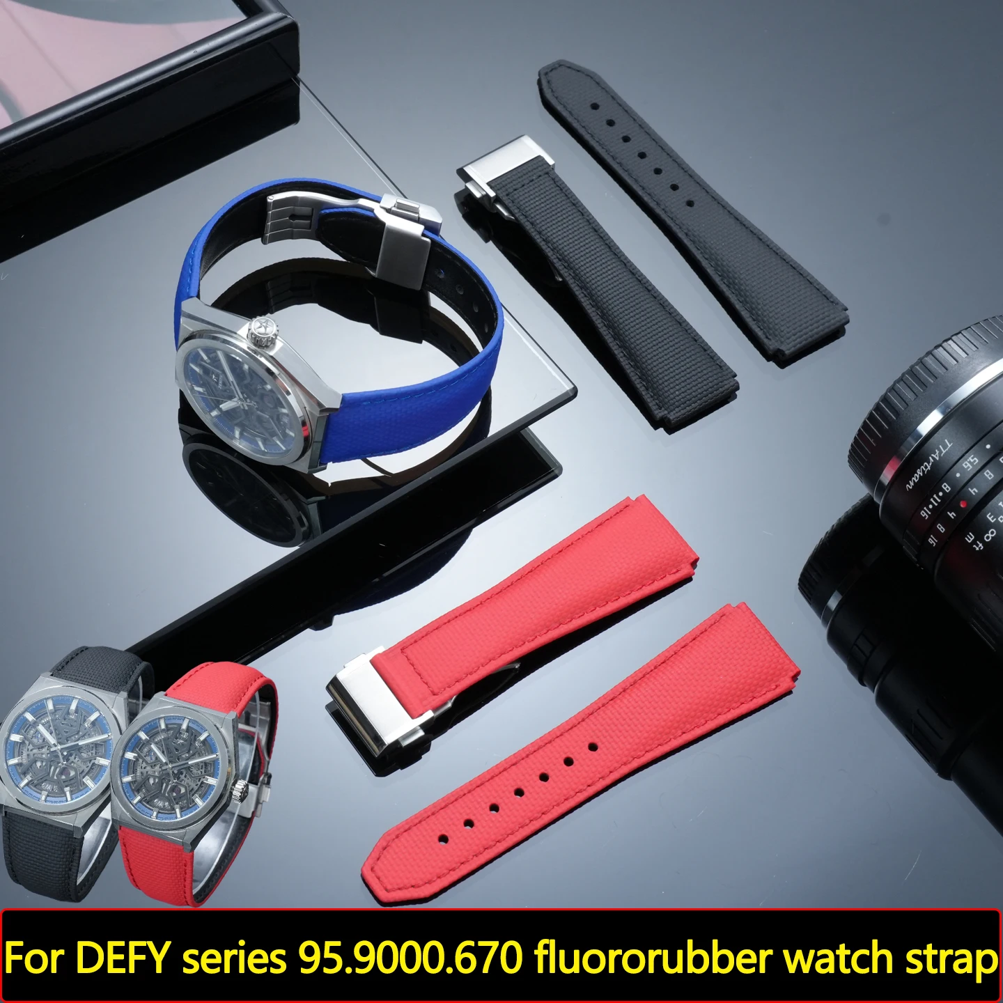 22mm FKM+Cowhide Watchband For Zenith DEFY series 95.9000.670 Convex interface Soft Fluororubber Strap folding buckle bracelet