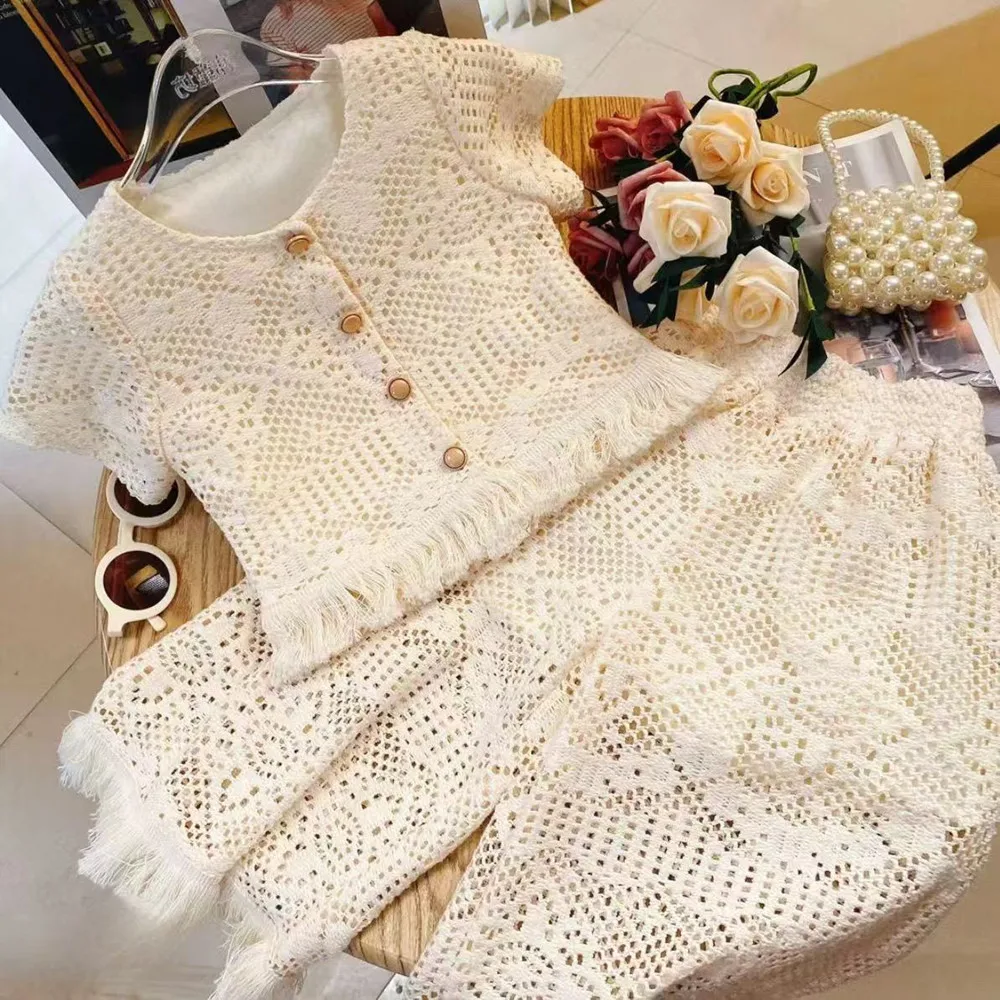 

Girls Summer Set Lace Hollow Hook Flower Fashionable and Stylish New Children Small Fragrance Style Two Piece Set Trendy 5-14Y