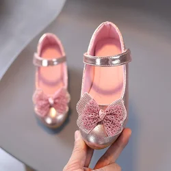 2024 Children's Leather Shoes Spring Autumn Wedding Shoes for Girls Elegant Bowtie Kids Causal Princess Fashion High Heels Shoes