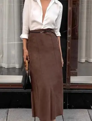 Outono e inverno retro nova moda de malha fosco marrom fino ajuste cintura alta saia tubo reto elegante meia saia feminina