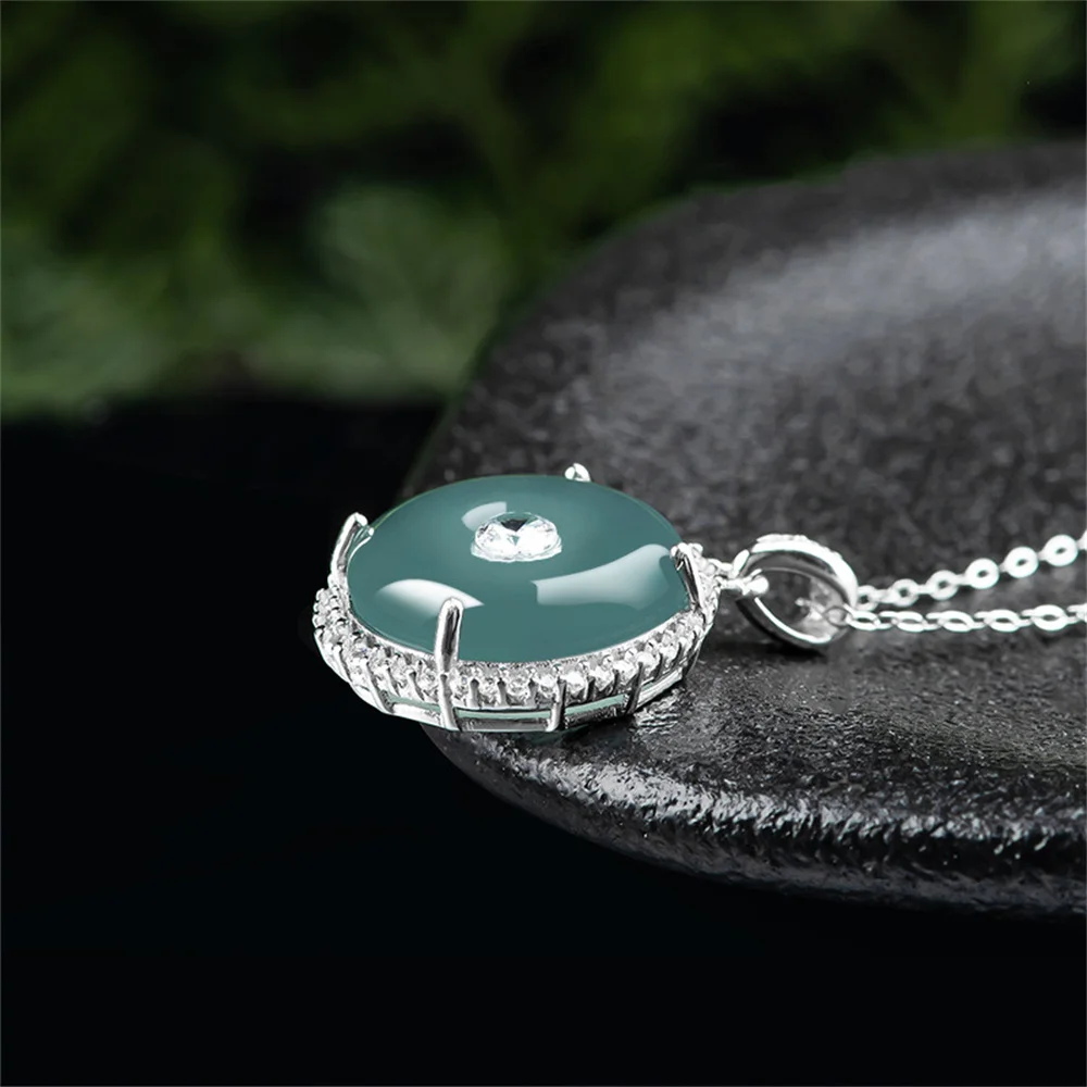 925 Silver Natural Ice Green Jadeite Round Harmony Gem Lucky Pendant Amulet Necklace Certificate Luxury Jade Vintage Jewelry