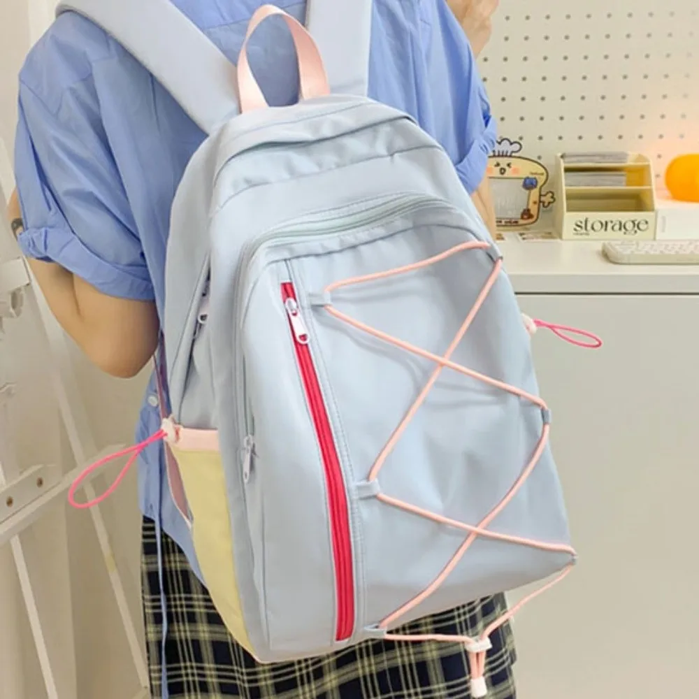 Multi-pockets Drawstring Backpack Large Capacity Dopamine Student School Bag Solid Color Durable Travel Rucksack