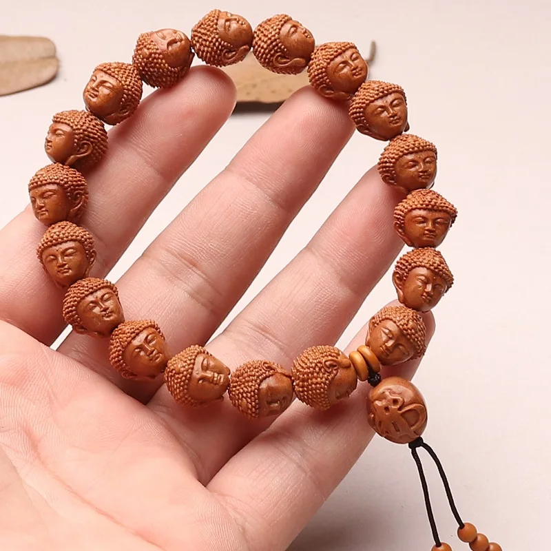 Dragon Vein Peach Pit Hand Carved Baby Buddha Head Single Circle Bracelet Chinese Style Wenwan Collectible Jewelry Gift For Men