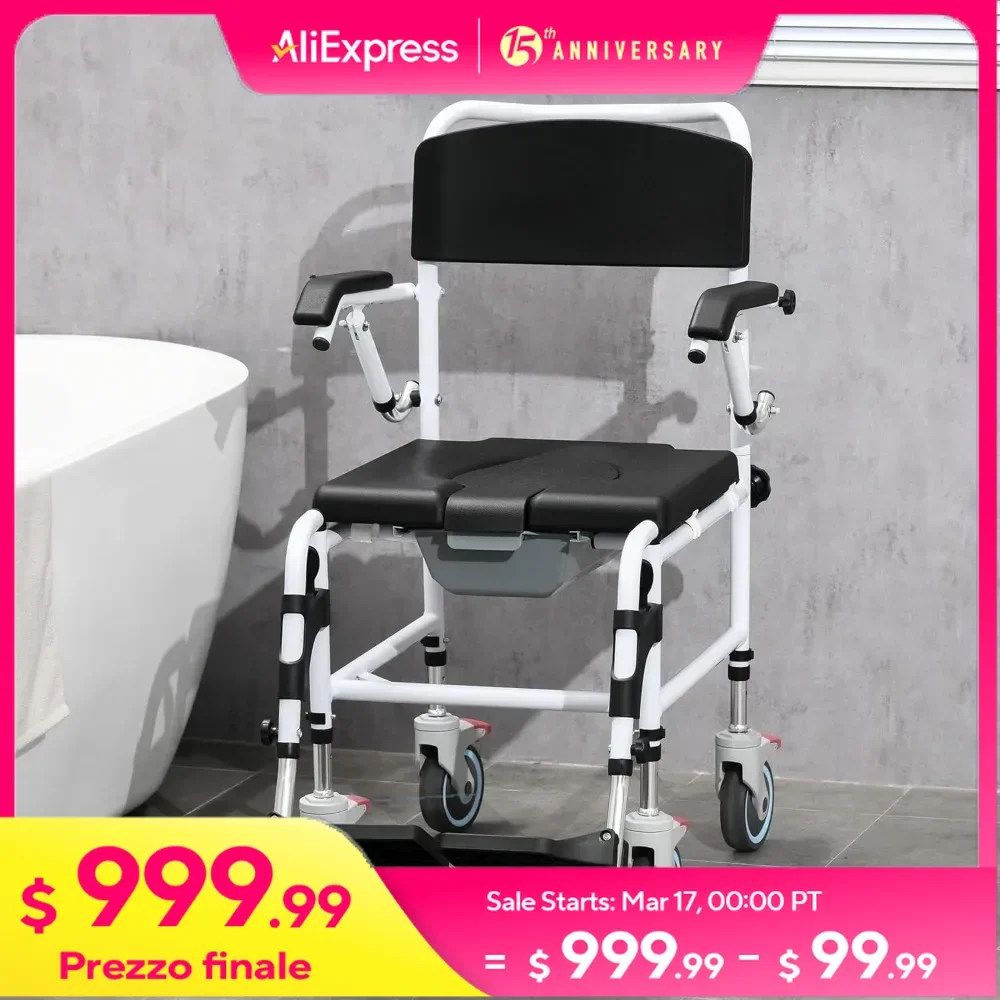 Shower Chair, 17-inch Width, Accessible Commode with 4 Casters, Removable Bucket and Waterproof Design, Shower Wheelchair