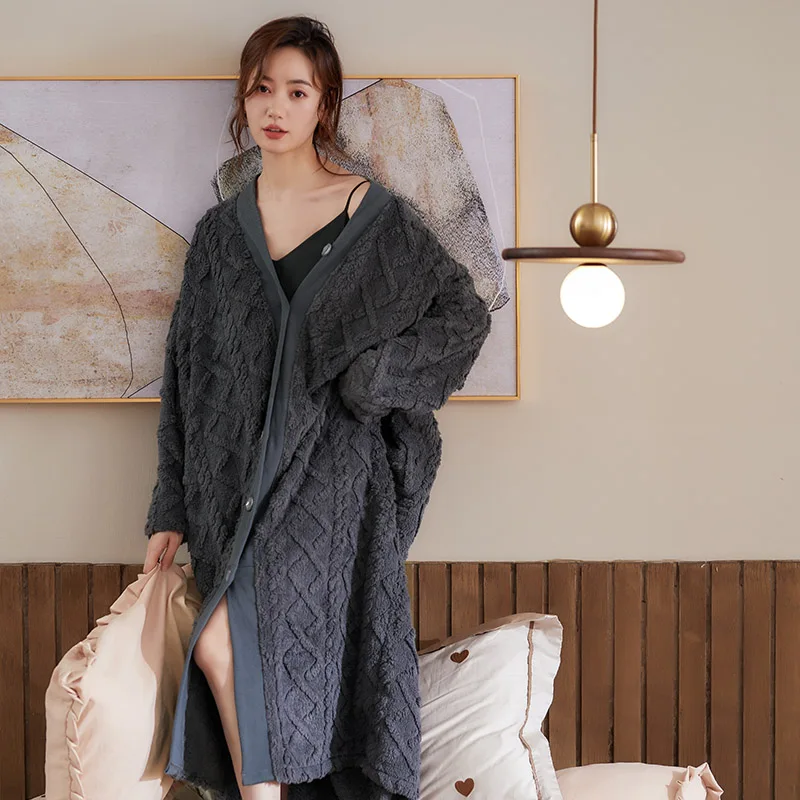 Women Winter Plush Lengthened Shawl Bathrobe Home Clothes Long Sleeved Robe Coat Female Thick Coral Fleece Elegant Dressing Gown