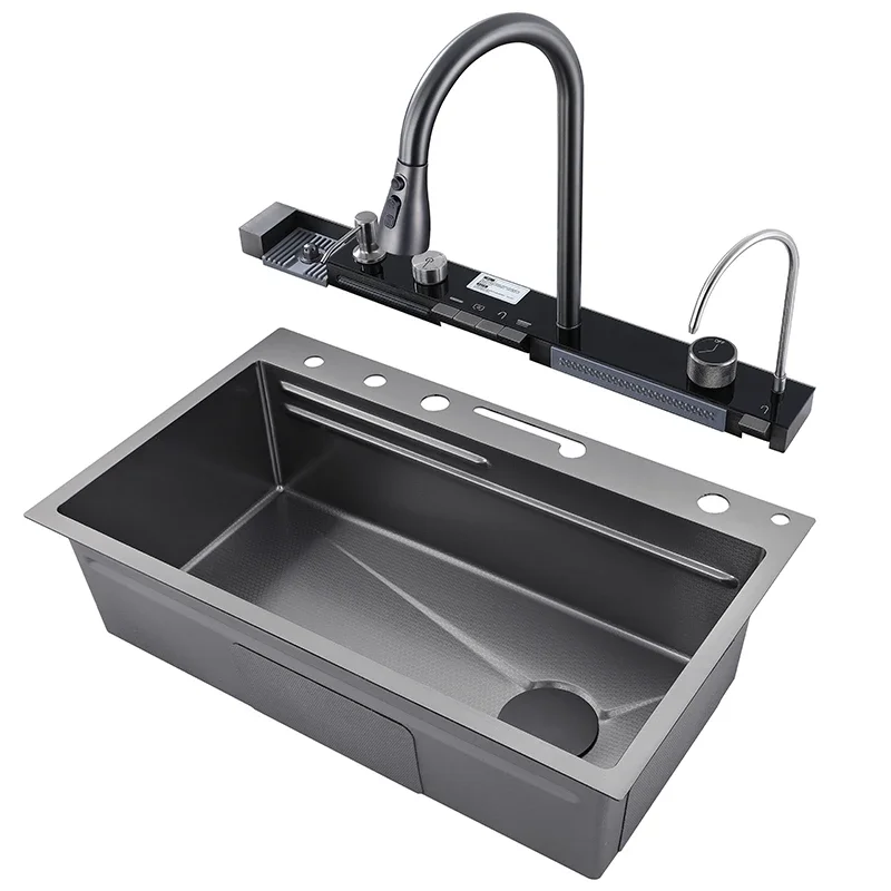 Whale Rainwater Stainless Steel Sink Kitchen Single Slot Multifunction Anti-Scratch LED Digital Display Waterfall Kitchen Sink W