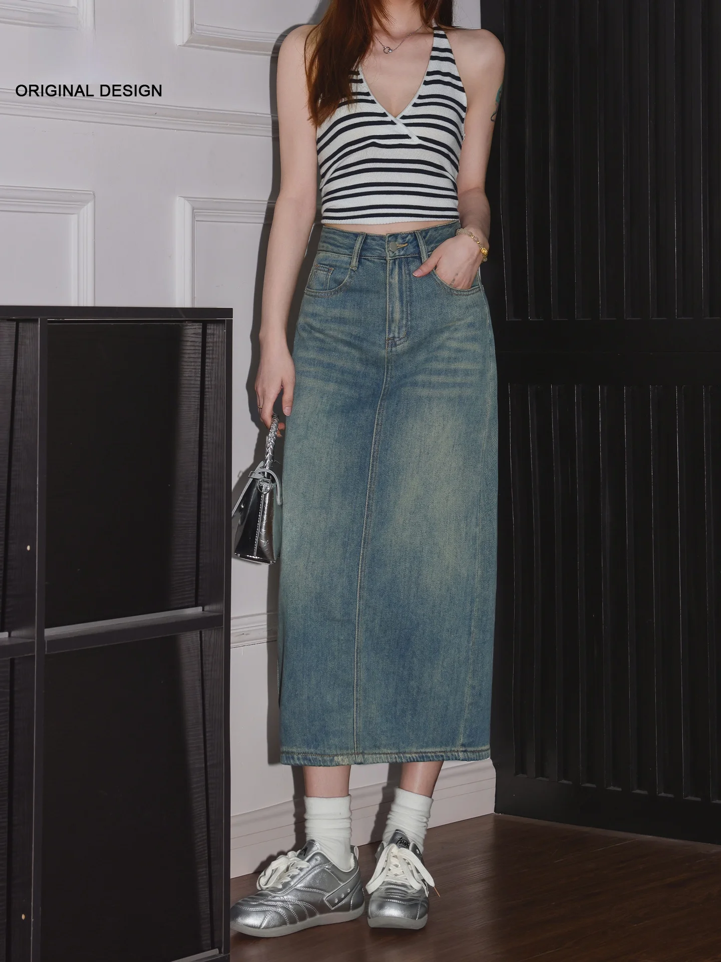 

High Waist A-Line Slit Slimming Midi Skirt Women's Denim Style Casual High Waist Split Skirt Summer New Arrival