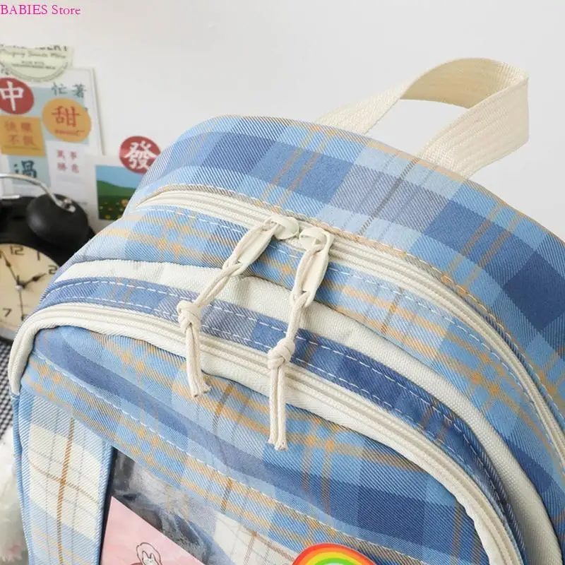 

C9GB 5pcs Plaid Backpack School Student Bookbags Casual Daypack Handbag Shoulder Drawstring Bag Pencil for Case Set for Girls