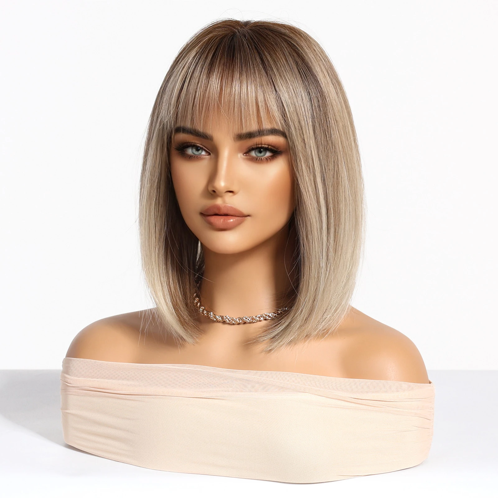 شقراء يونيكورن قصيرة بوب الباروكات الاصطناعية أومبير الجذر الداكن إلى شقراء مع شعر طبيعي ملون المرأة شعر مستعار ألياف مقاومة للحرارة