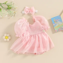 Baby Girls Romper Dress Outfits Puff Sleeve Mesh Layered Tutu Bodysuit Princess Romper Dress with Headband Set