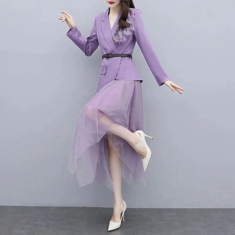 

Women Spring Autumn Blazers Mesh Skirts 2 Piece Set Korean Office Lady Graceful Purple Suit Jacket with Belt Workwear Outfits