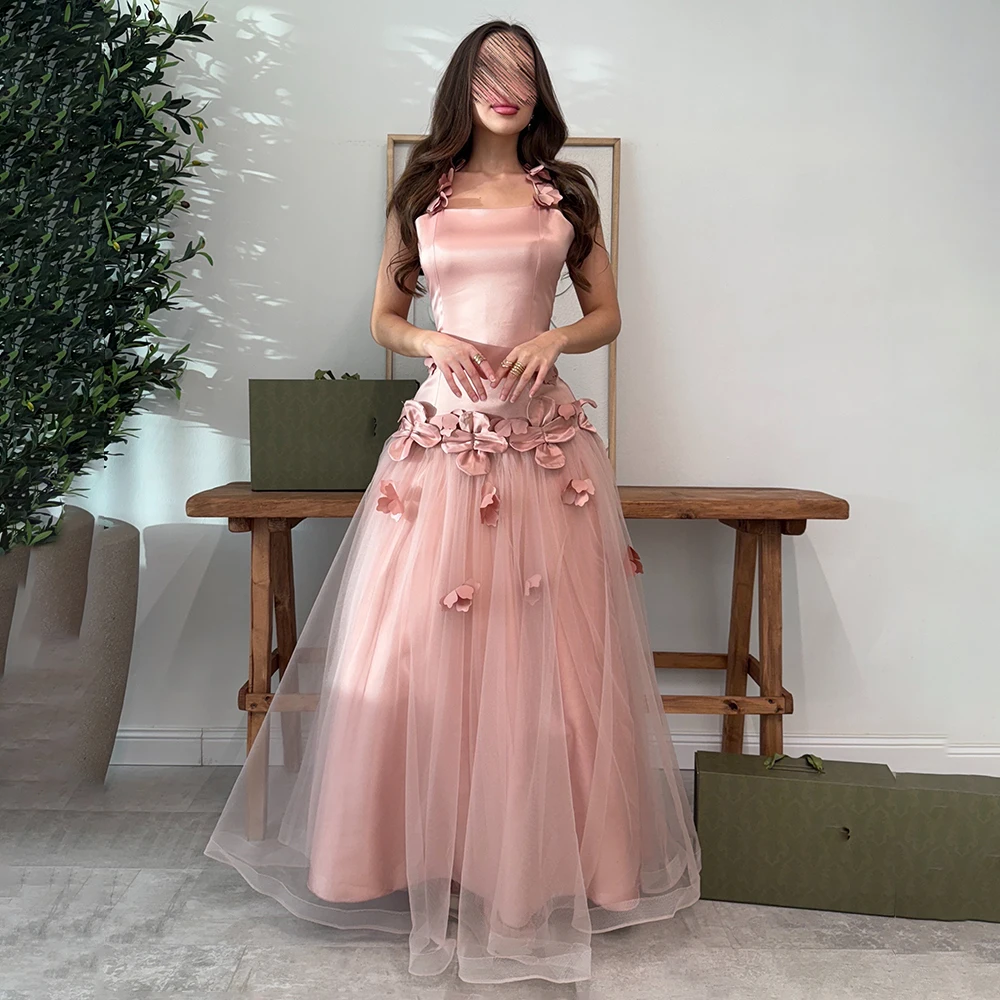 Op maat gemaakte roze vierkante kraag 3D bloemen rechte avondjurk elegante spaghettibandjes backless enkellange Saoedi-Arabische jurk