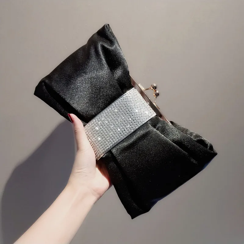 Bolso de noche con lazo de satén para mujer, bolso de mano con diamantes de imitación, bolso de hombro cruzado con cadena para fiesta de boda