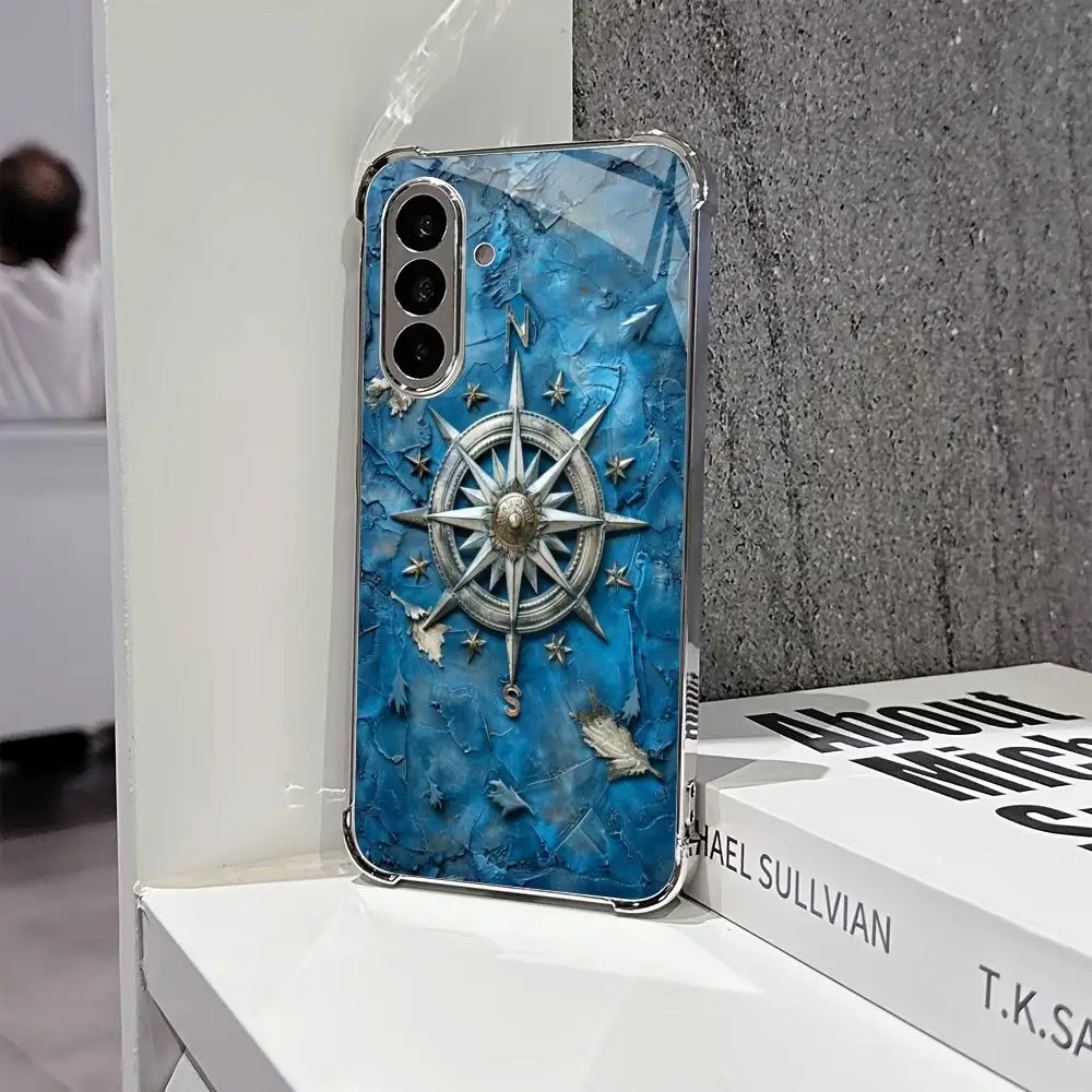 Navigation compass Tempered Glass TPU Fashion phone case for Samsung Galaxy S26/S25/S24/S23/S22/S21 FE Ultra Plus Shockproof