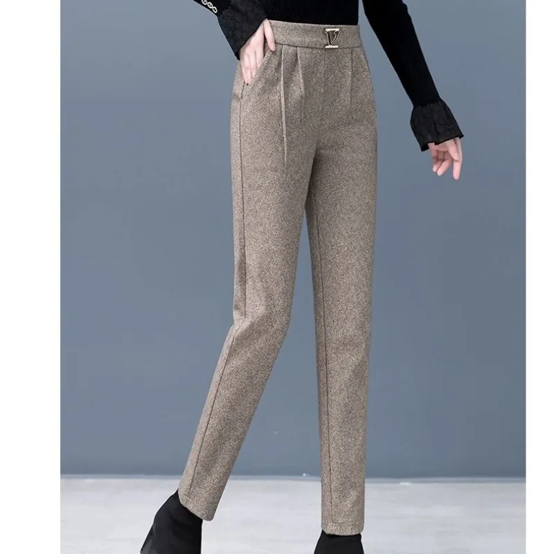 Women's Solid Elastic Waist Pocket Ruched Straight Autumn and Winter Thick High Waist Classic All Match Small Foot Pencil Pants