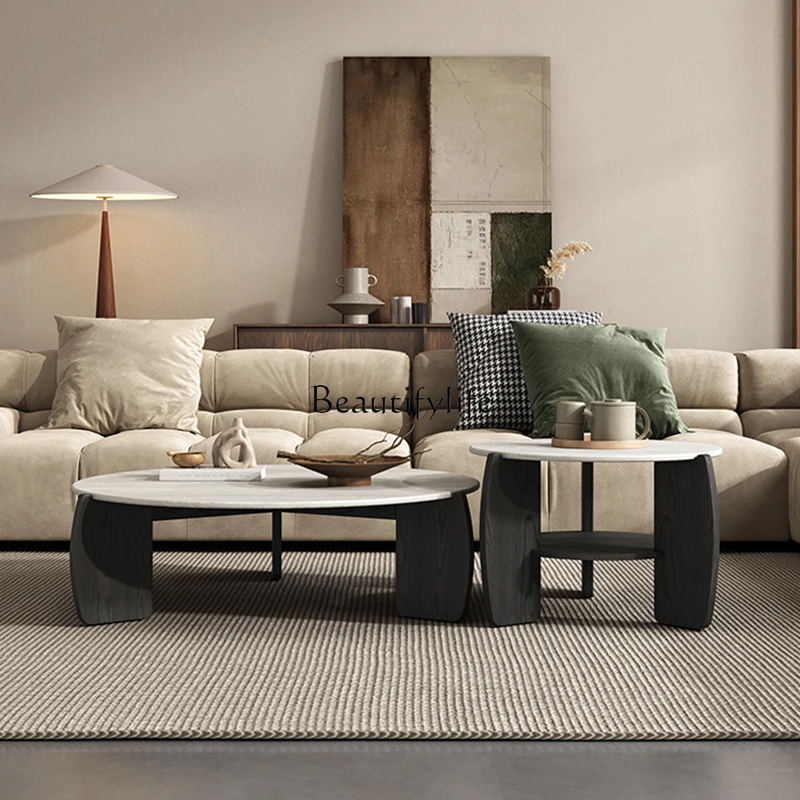 

03.Medieval marble living room home modern simple travertine round coffee table