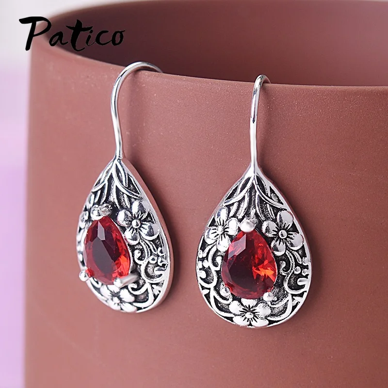 Hot Sale 100% Genuine 925 Sterling Silver Drop Earrings for Women Flower Dazzling Ruby Vintage Fine Silver Jewelry Gift