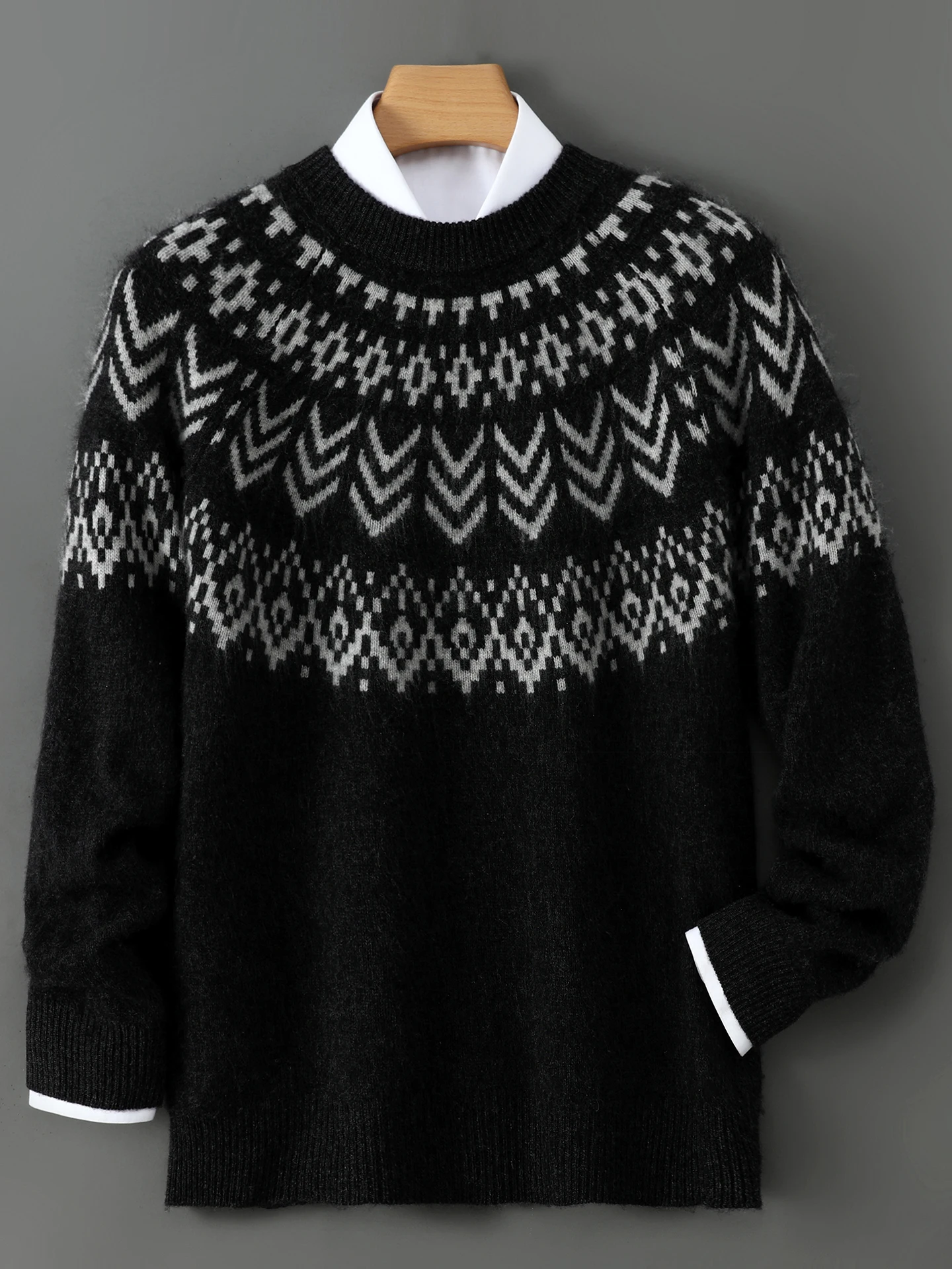 

Men's 100% Merino Wool Pullover Sweater O-neck Fair Isle Jacquard Loose Casual Knitwear Long Sleeve Cashmere Tops Autumn Winter