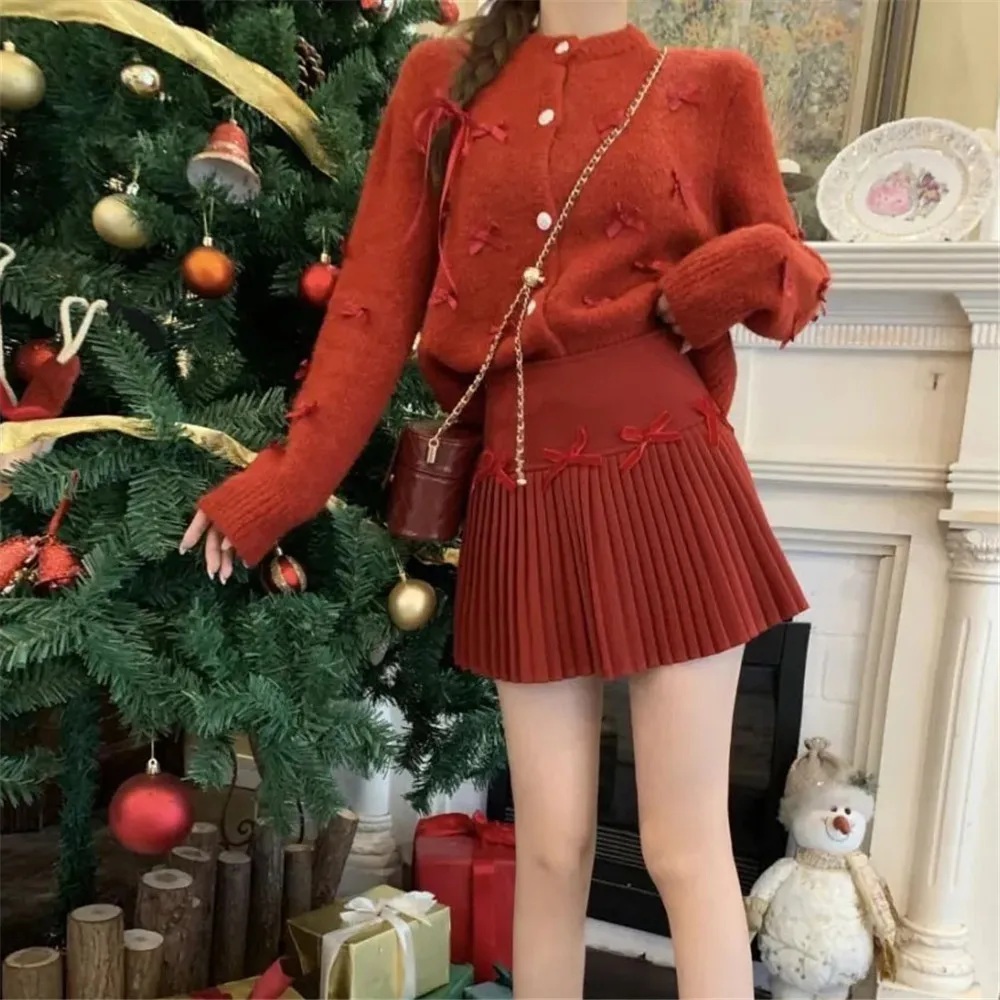 2024 Autumn Winter Women\'S Design Sense Short Solid Color Knitted Cardigan High End Wear Soft Sweet Glutinous Bow Sweater Outer