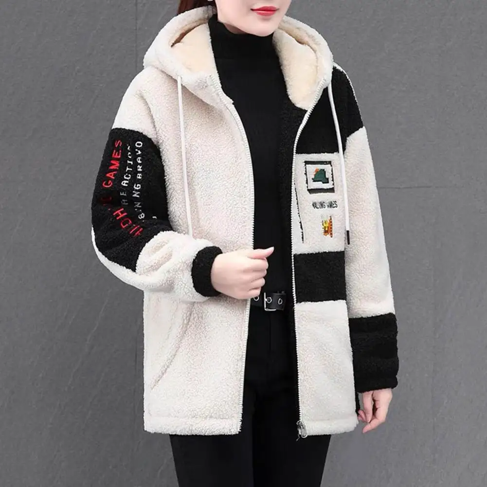 Soft Warm Women Outerwear Stylish Women's Colorblock Hooded Jacket with Plush Lining Embroidered Letter Detail Cozy for Fall