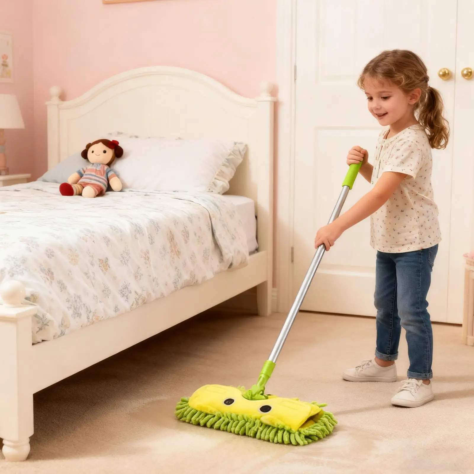 Kids Cleaning Mop Detachable Telescopic Funny Cute Cartoon Pretend Play Cleaning Mop For Boys Girls Early Childhood Housekeeping