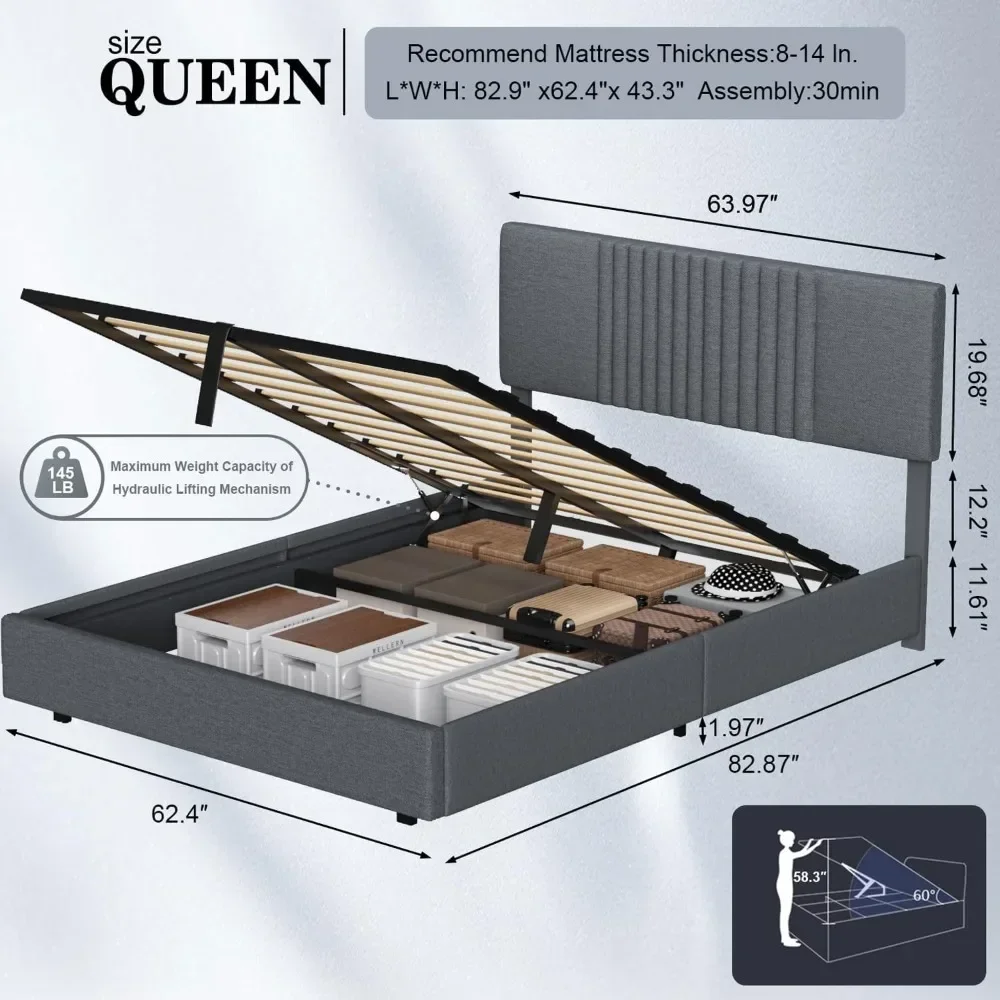 Queen Lift Up Storage Bed Frame with Linen Headborad, Wood Slats Support, No Box Spring Required, Noise-Free, Bed Frame