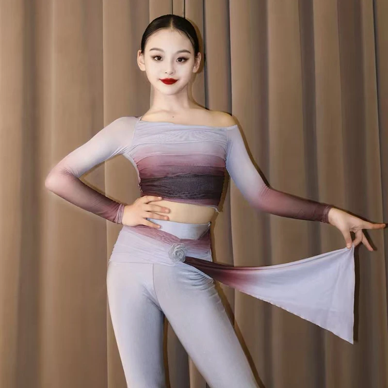 Costumes de concours de danse latine de couleur dégradée, vêtements de spectacle de danse de salle de bal pour enfants, vêtements de danse latine pour filles, SL14137