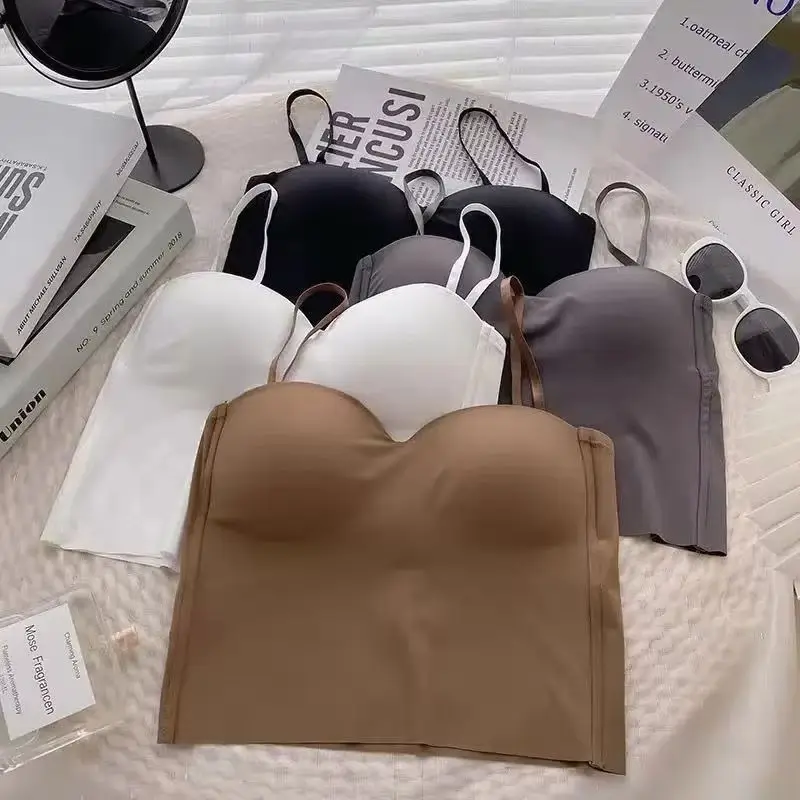 New Solid Color Women's White Top Sleeveless Thin Straps Camisole Summer Tank Top with Cups Summer Ice Silk Comfortable Sling