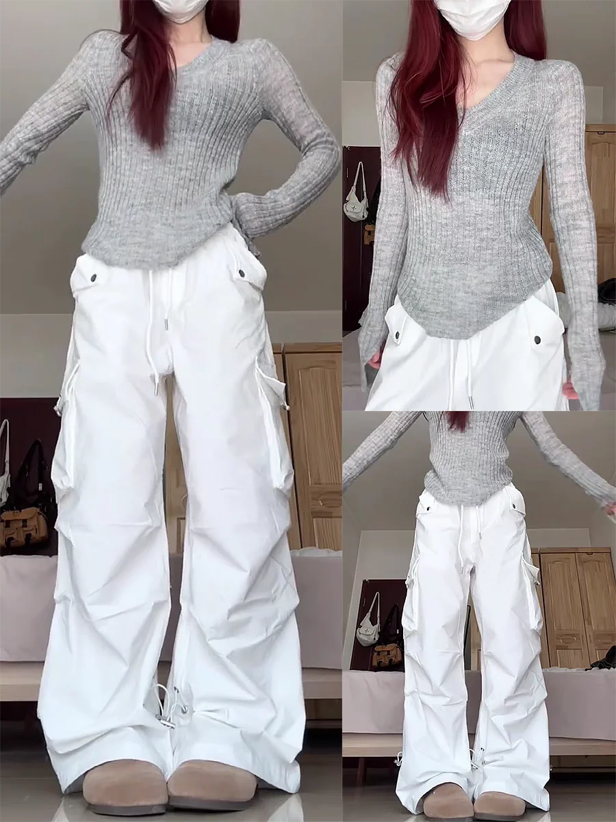 아메리칸 레트로 워크 팬츠, 여성 디자인 센스, 화이트 캐주얼 팬츠, 자외선 차단, 속건성, 와이드 레그, 바이브 패러트루퍼스