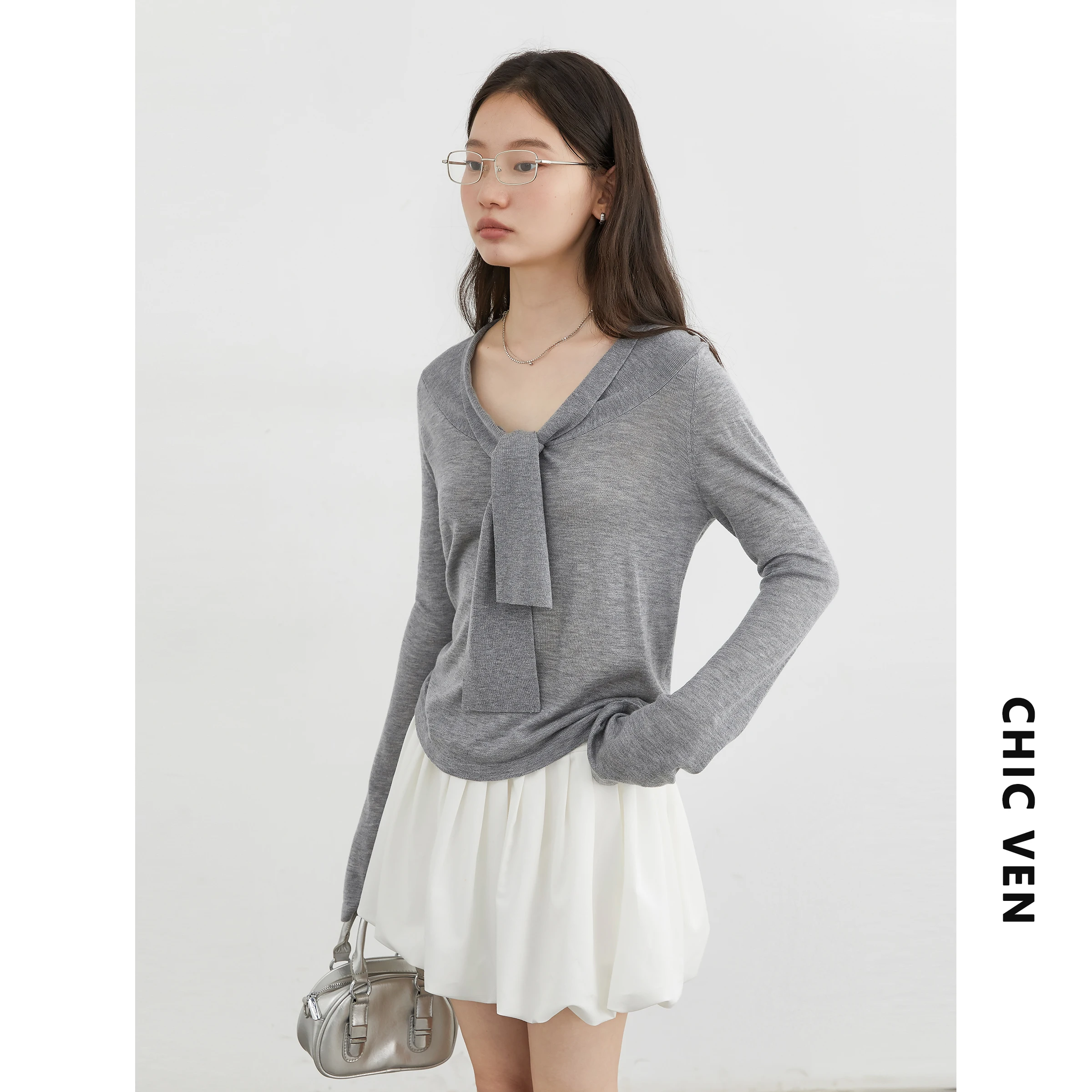 CHIC VEN Women Sweaters Pullovers Loose Casual New V-neck Lace Up Lightweight Female Knitted Jumpers Spring Autumn 2025