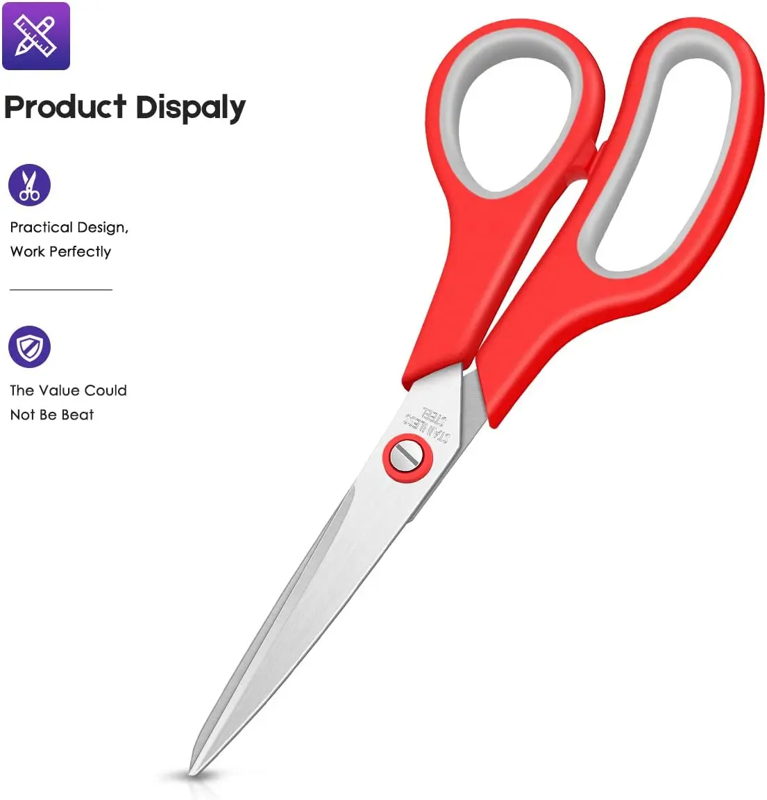 8" Multipurpose Scissor, Stainless Steel Sharp Scissors for Office Home General Use, High/Middle School Classroom Supplies