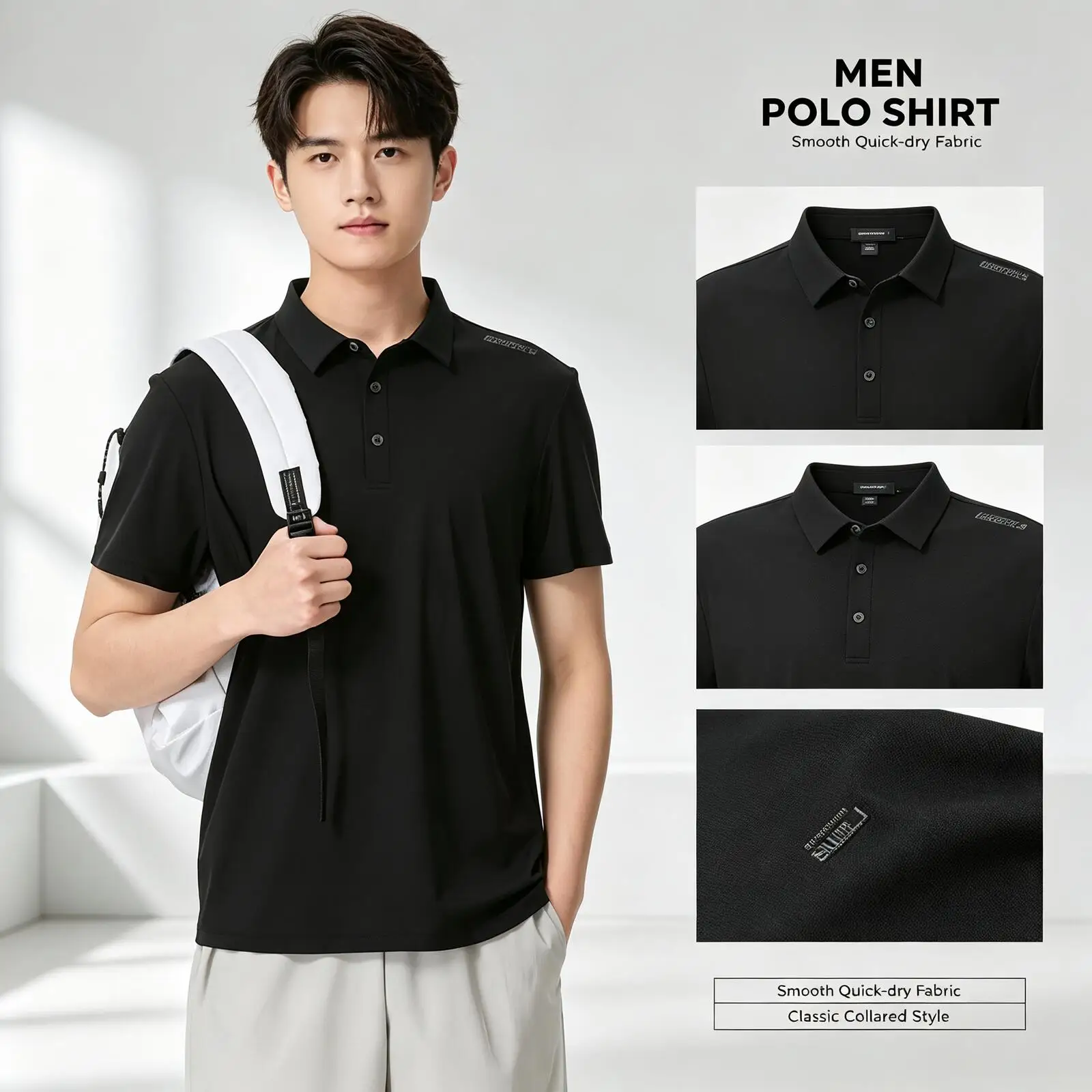 SKECHERS Men Quick Dry Short Sleeve Polo Shirts Breathable Mesh Collared Tee Solid Black Golf Athletic Casual Top P226M203-03K8
