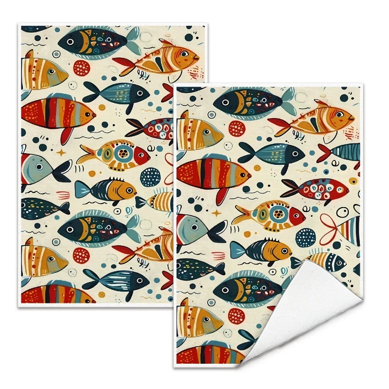 2Pcs, Cartoon Tropical Fish Kitchen Towels, 40Cm*60Cm Towel Set, Super Absorbent Soft Cleaning Cloth, Cooking and Baking Tea Towel, Hand Towel, Cleaning Cloth, Dishwashing Cloth, Kitchen Decoration, Living Room Decoration, Kitchen Essentials, Home Essentials