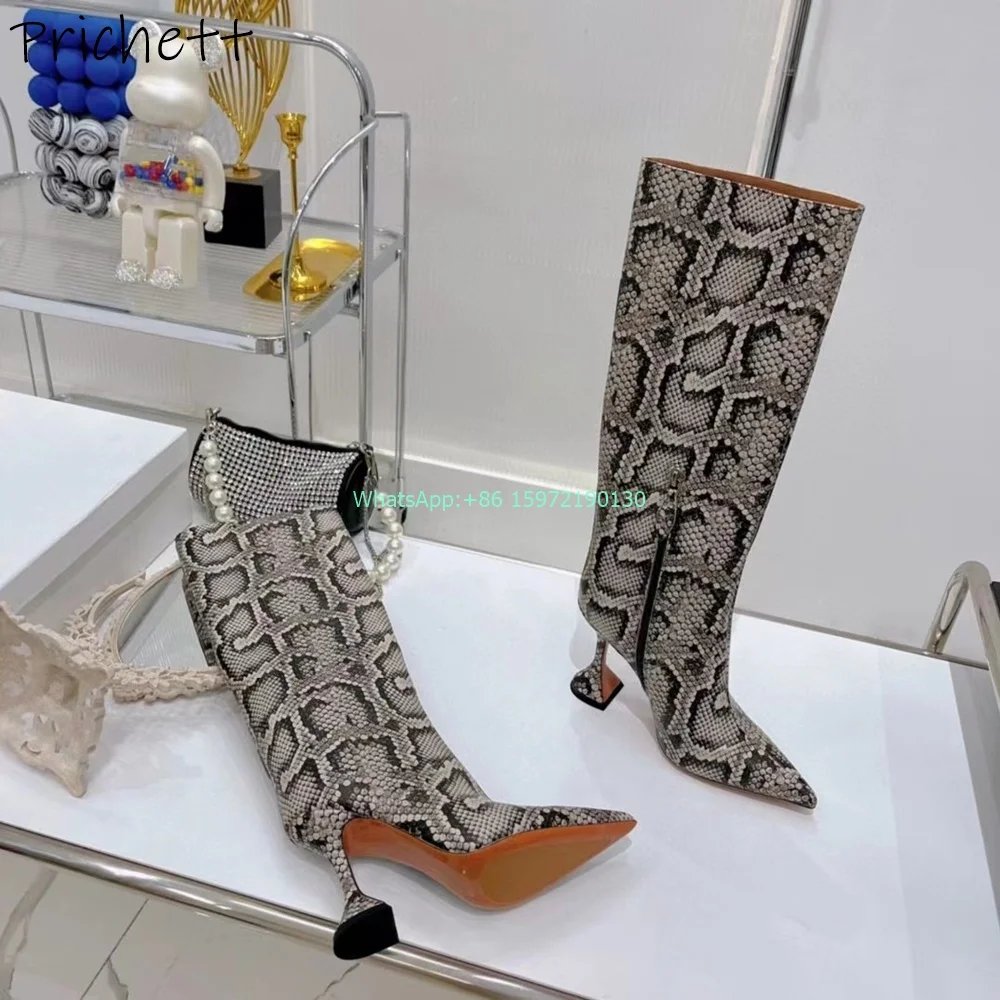 

Snake Pattern Wine Glasses Heels Boots Pointy Toe Side Zipper Knee High Boots Women's Runway Sexy Fashion Cool Girl Shoes 2024