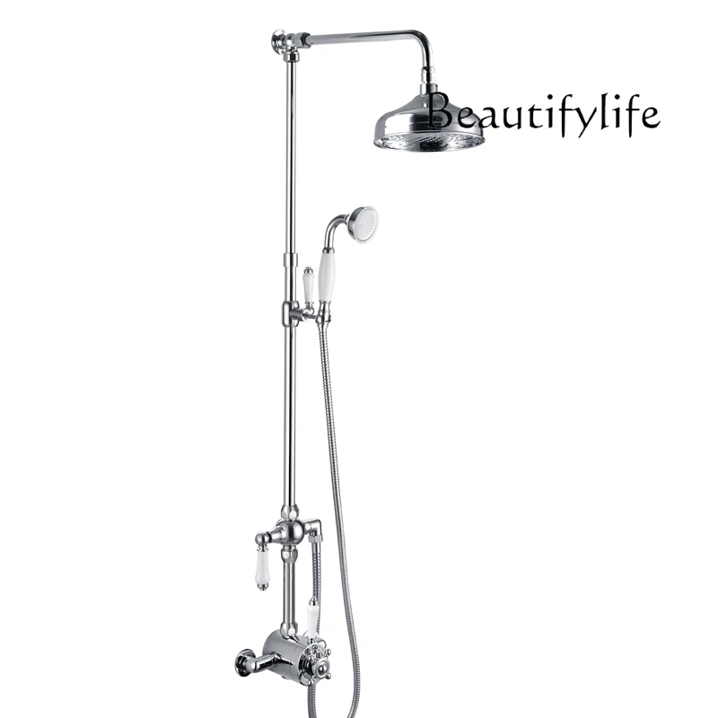 

8-Inch top spray retro ceramic handle all-copper main body surface mounted thermostatic shower shower set British style