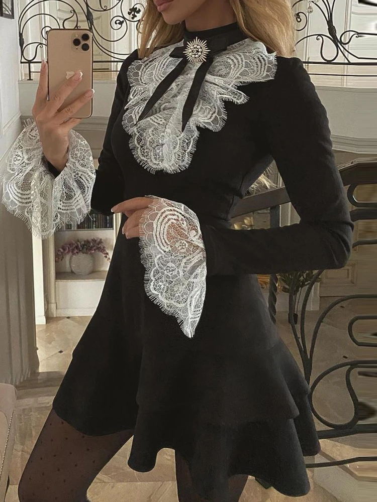 2023 Women\'s Dresses Fashion Elegant Sexy Long Sleeve Lace Bell Sleeve Ruffle Dress OL Classic Romantic Patchwork Mini Dress