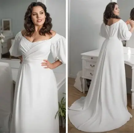 

Elegant Plus Size Wedding Gown High Quality Lantern Sleeves Jersey Bride Dress Vestido de Novia A-line Wedding Dress