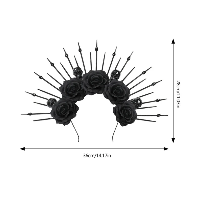 Women Gothic Spiked Headband Lady Bride Flower Crown for Halloween Party Supply Floral Garlands Crown Hair Skull Floral Headband