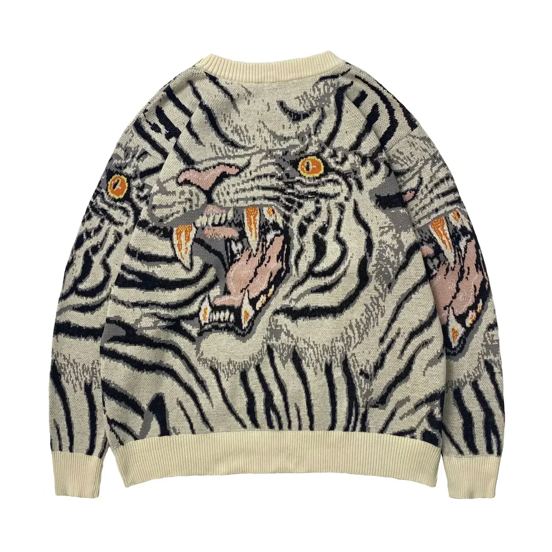 Kapital Vintage Brabd Jacquard Tiger Totem Round Neck Japan Knitted Sweater Men's Animal Print Loose Pullover New Arrival
