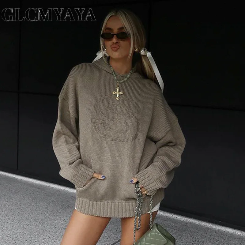 GLCMYAYA Women American Retro LOOSE Letter Pockets Hooded Sweatshirts 2023 INS Streetwear Fashion Basics Long Sleeve Hoodies