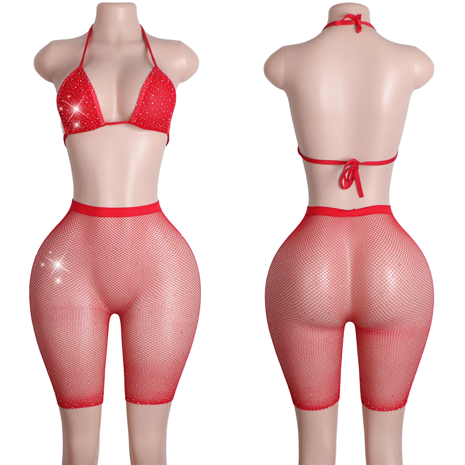 

Sexy Diamond Rhinestone Panties Fishnet Lingerie Set Two Piece Erotic Performance Costume Adjustable Shoulder Strap Ladies Club