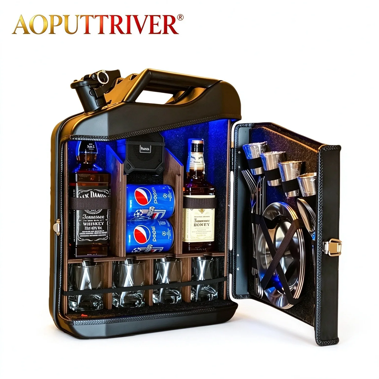 Portable Mini Bar Cabinet Retro Oil Drum Wine Rack with Door, Decorative Home Decor for Living Room Outdoor Party Mobile Bar