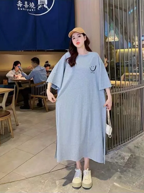 

dress women's short sleeved long style spring/summer 2024 new loose casual lazy long dress knee length straight dress QY16