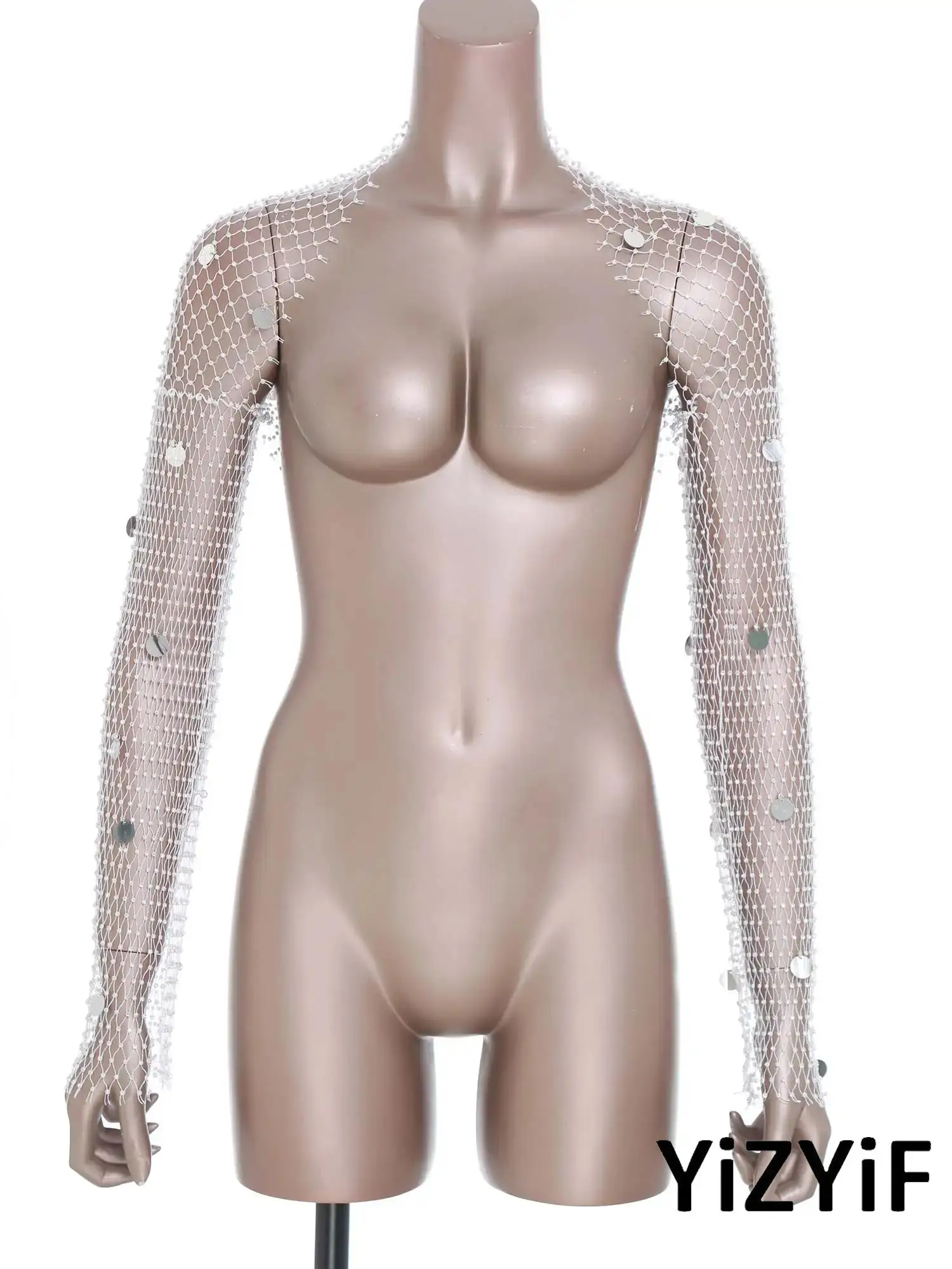 

Women Sexy Sheer Mesh Long Sleeves Sparkle Rhinestone Sequins Crop Top Hollow Out Fishnet Coverup Tops Rave Party Nightclub Wear