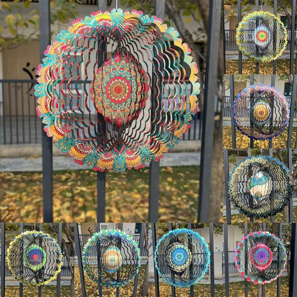 Creative Iron Rotating Wind Chime Mandala Pattern Garden Pendant 3D Color Wind Chime Home Decor Wall Hanging Decor